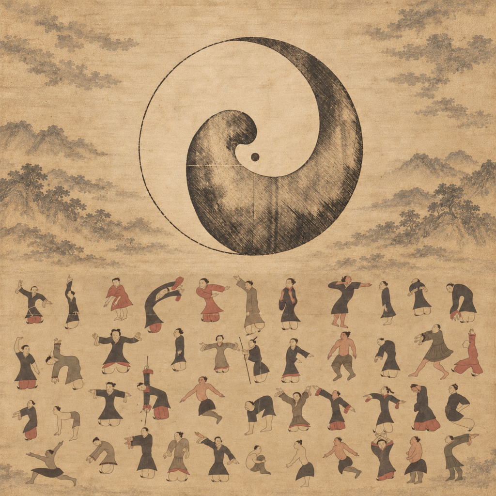 Historic yin-yang diagram above rows of daoyin exercises, in a modern artistic adaptation on aged-gold paper.